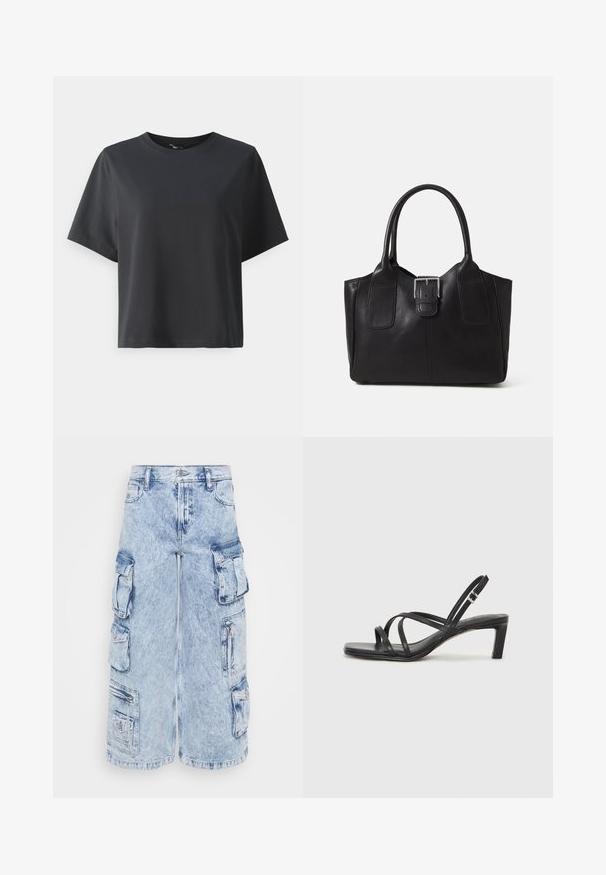 T-shirt de algodão preto, mangas curtas, gola redonda, corte descontraído, textura suave, design simples, sem padrões ou detalhes.; Calças de ganga cargo em denim azul claro com vários bolsos laterais, fecho de botão e um corte relaxado. A textura desgastada realça o design geral.; Sandal de tiras pretas com biqueira quadrada e um pequeno salto bloco. Apresenta várias tiras finas e uma tira no tornozelo ajustável. Feito de couro liso.;  Bolsa tote de couro preta com textura suave, forma estruturada, duas alças e um destaque prateado proeminente na parte da frente.