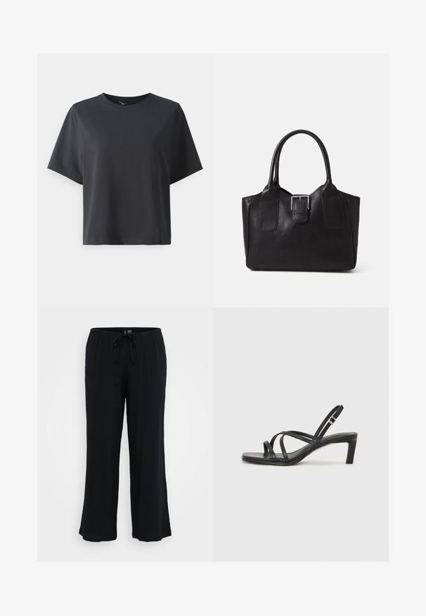 T-shirt en coton noir, à manches courtes, col ras du cou, coupe décontractée, texture lisse, design simple, sans motifs ni accents.; Pantalons noirs légers à jambe large avec une taille élastique et un cordon de serrage. Texture lisse, sans motifs ni accents visibles.; Sandale noire à lanières avec un bout carré et un petit talon bloc. Elle présente plusieurs fines lanières et une sangle de cheville ajustable. Fabriquée en cuir lisse.; Sac fourre-tout en cuir noir avec une texture lisse, une forme structurée, deux poignées et un détail en boucle argentée proéminent à l'avant.