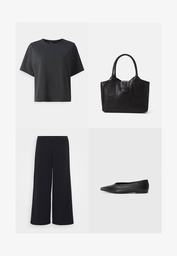 Black cotton t-shirt, short sleeves, crew neck, relaxed fit, smooth texture, simple design, no patterns or accents.; Black wide-leg trousers made from smooth fabric, featuring a high waistband and flowing silhouette, with a clean, unembellished design.; Black leather ballet flat, pointed toe, minimalistic design, smooth texture, low-profile heel, no visible hardware or embellishments.; Black leather tote bag with smooth texture, structured shape, two handles, and a prominent silver buckle detail on the front.