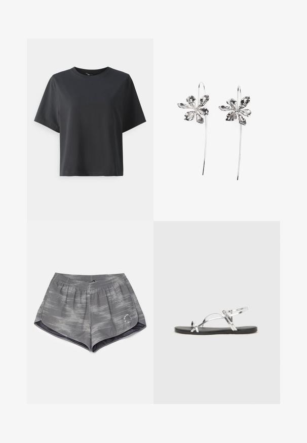 Svart bomull T-skjorte, korte ermer, rund hals, avslappet passform, jevn tekstur, enkel design, ingen mønstre eller aksenter.; Grå idrettsshorts med bølgete mønster, elastisk midjebånd og sidespalter for fleksibilitet. Har en liten hvit logo på kanten.; Sølvfargede metall sandaler med et minimalistisk design, som har tynne stropper og en sort flat såle. Fremhevingene inkluderer kryssremmer.; Sølvblomstformede ørevipper med en teksturfinish, der har lange kroker og kronbladlignende detaljer for et intrikat design.