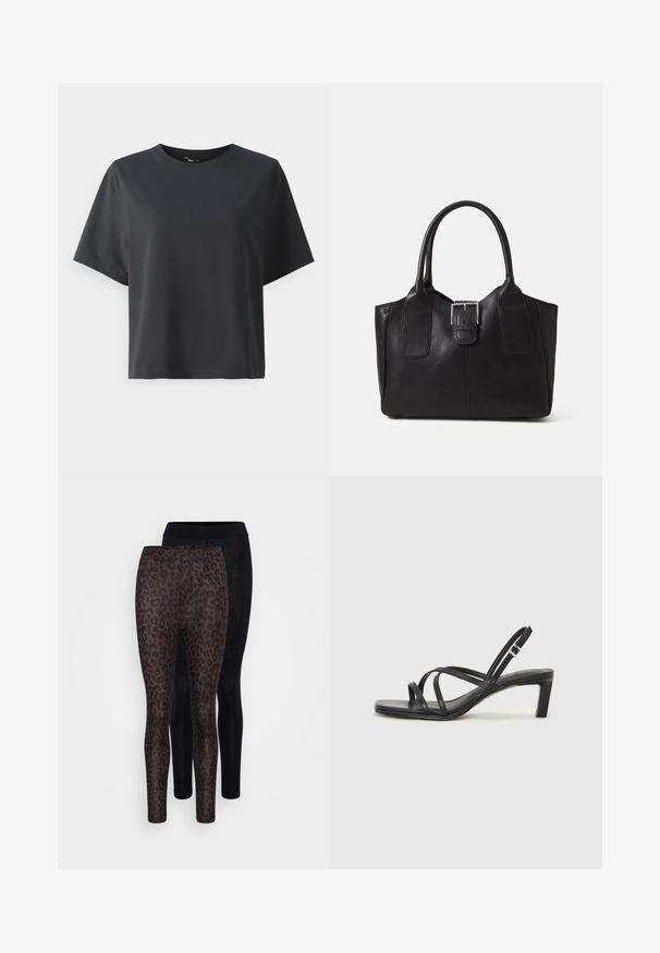 Fekete pamut póló, rövid ujjú, kerek nyakkivágású, laza szabású, sima textúrájú, egyszerű design, minta vagy kiegészítők nélkül.; Két leggings pár: az egyik fekete, a másik leopárd mintás, barna foltokkal sötét háttéren. Mindkettő testhezálló és sima textúrájú.; Fekete pántos szandál négyzetes orral és alacsony blokk sarkal. Több vékony pánttal és állítható boka pánttal rendelkezik. Sima bőrből készült.; Fekete bőr bevásárlótáska sima textúrával, strukturált formával, két fogantyúval és egy figyelemfelkeltő ezüst csattal az elején.