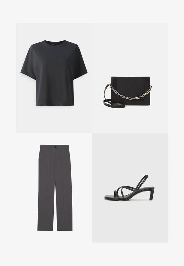 Must musträtik, lühikesed varrukad, ümar kaelus, vabalt lõigatud, sile tekstuur, lihtne disain, ilma mustrite või aksessuaarideta.; Hallid hallid püksid otse jala lõikega, millel on kaks küljetaskut ja nööbisahtel. Sile kangas ilma nähtavate mustrite või aktsentideta.; Mustast rihmajalatsid ruudukujulise varba ja madala ploki kontsaga. Omab mitmeid õhukesi rihmasid ja reguleeritavat pahkluu rihma. Valmistatud siledast nahast.; Mustast nahast õlakott, mis omab siledat tekstuuri, ristküliku kuju ning esiküljel metallketi detaili. Reguleeritav rihm on kaasas.