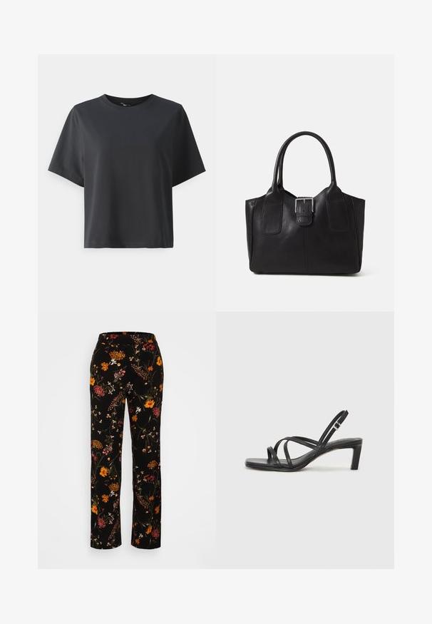 Svart bomull T-skjorte, korte ermer, rund hals, avslappet passform, jevn tekstur, enkel design, ingen mønstre eller aksenter.; Blomstertrykk brede ben bukser i svart, med flerfargede blomster, elastisk midje og en glatt tekstur.; Sorte sandaler med stropper, firkantet tå og lav blokk hæl. Har flere tynne stropper og en justerbar ankelstropp. Laget av glatt lær.; Svart skinn toteveske med jevn tekstur, strukturert form, to håndtak og en fremtredende sølvspenne foran.