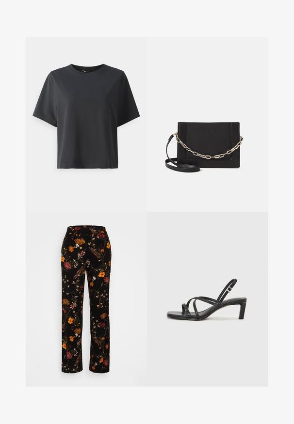 Črna bombažna majica, kratki rokavi, krojeni ovratnik, sproščenega kroja, gladka tekstura, preprost dizajn, brez vzorcev ali dodatkov.; Hlače širokih nogavice s cvetličnim printom v črni barvi, z večbarvnimi cvetovi, elastičnim pasom in gladko teksturo tkanine.; Črne natikače s trakovi in kvadratnim prstom ter nizkim blokastim peto. Imajo več tankih trakov in nastavljiv trak okoli gležnja. Narejene so iz gladkega usnja.; Črna usnjena torba čez ramo z gladko teksturo, pravokotno obliko in kovinskim verižnim detajlom spredaj. Vključena je nastavljiva naramnica.