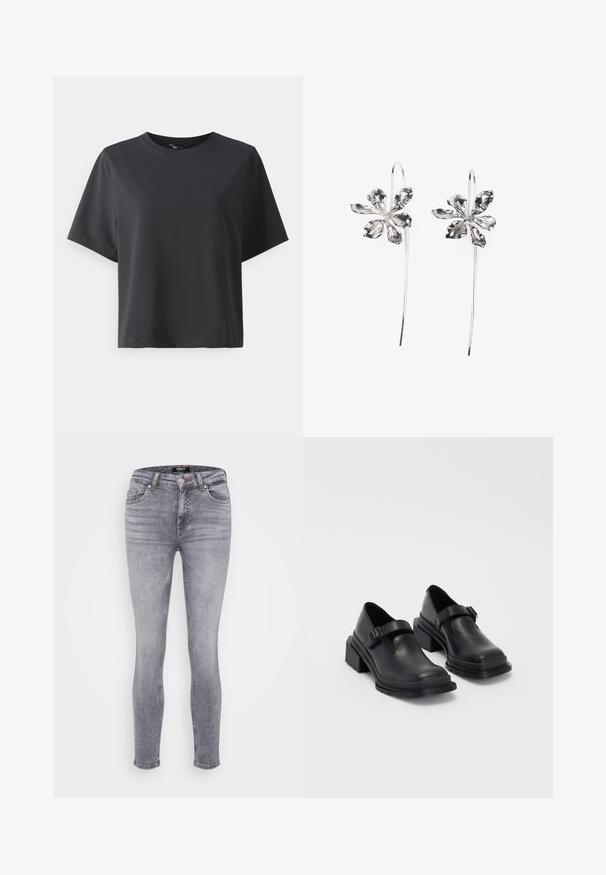 T-shirt de algodão preto, mangas curtas, gola redonda, corte descontraído, textura suave, design simples, sem padrões ou detalhes.; Jeans de ganga cinza de corte justo com um acabamento desbotado, cinco bolsos, passadores de cinto e fecho de correr. Apresenta costuras discretas e uma textura suave.; Sapatos de couro pretos com um bico redondo, sola plana e uma fita com detalhe de fivela. Salto bloco robusto para maior estabilidade.; Brincos em forma de flor prateados com um acabamento texturizado, apresentando ganchos longos e detalhes semelhantes a pétalas para um design intrincado.