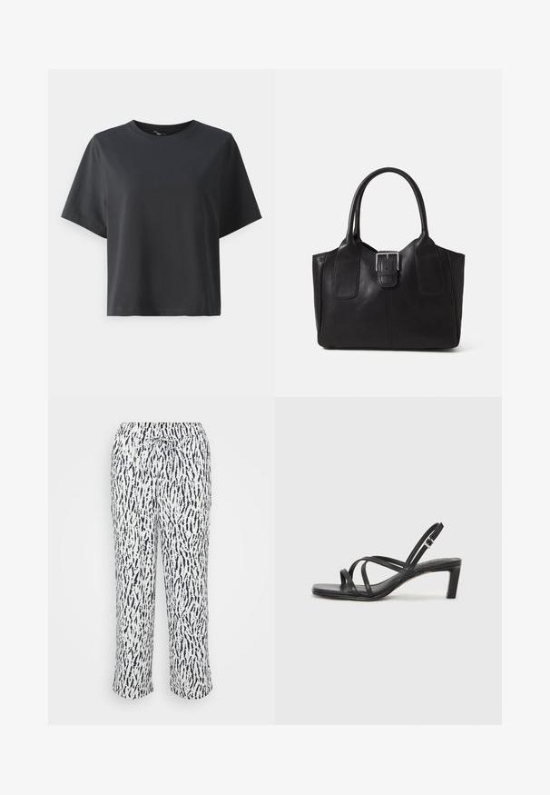 Svart bomull T-skjorte, korte ermer, rund hals, avslappet passform, jevn tekstur, enkel design, ingen mønstre eller aksenter.; Myke, lette bukser i hvit med et marineblått abstrakt mønster. Har elastisk linning med snøring for justerbar passform.; Sorte sandaler med stropper, firkantet tå og lav blokk hæl. Har flere tynne stropper og en justerbar ankelstropp. Laget av glatt lær.; Svart skinn toteveske med jevn tekstur, strukturert form, to håndtak og en fremtredende sølvspenne foran.