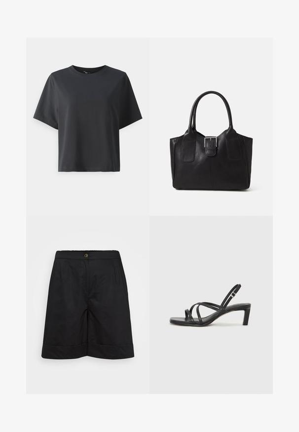 Juodas medvilnės marškinėliai, trumpomis rankovėmis, apvaliu kaklu, laisvas kirpimas, lygus paviršius, paprastas dizainas, be raštų ar akcentų.; Juodi, iki kelių ilgio šortai, pagaminti iš lengvo audinio, su lygiu paviršiumi, priekinėmis kišenėmis ir apdailos kraštu. Aukso mygtuko užsegimas juosmens srityje.; Juodi šlepetės su kvadratiniu pirštu ir žemu bloku kulnu. Yra keli ploni dirželiai ir reguliuojamas kulkšnies diržas. Pagaminti iš lygios odos.; Juodas odinis nešiojamas krepšys su lygiu paviršiumi, struktūrine forma, dviem rankenėlėmis ir ryškiu sidabriniu sagties akcentu priekyje.