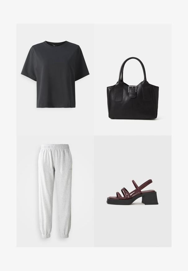 Zwarte katoenen t-shirt, korte mouwen, ronde hals, losse pasvorm, gladde textuur, eenvoudig ontwerp, geen patronen of accenten.; Lichtgrijze joggingbroek van zacht materiaal, met een elastische tailleband en taps toelopende boorden. Geen aanvullende patronen of details.; Vagabond HENNIE - Muiltjes met hak - cherry; Zwarte leren tote bag met een gladde textuur, gestructureerde vorm, twee handvatten en een opvallend zilveren sluitingdetail aan de voorkant.