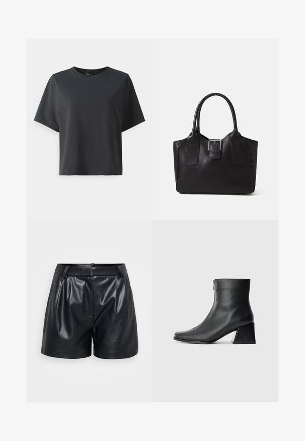 T-shirt de algodão preto, mangas curtas, gola redonda, corte descontraído, textura suave, design simples, sem padrões ou detalhes.; Calções de couro preto com uma textura suave, apresentando um design ajustado, pregas na frente e um cós ajustado.; Bota de tornozelo em couro preto com bico quadrado, fecho lateral e salto bloco contra um fundo claro plano.; Bolsa tote de couro preta com textura suave, forma estruturada, duas alças e um destaque prateado proeminente na parte da frente.