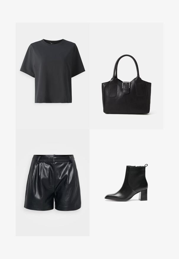 Black cotton t-shirt, short sleeves, crew neck, relaxed fit, smooth texture, simple design, no patterns or accents.; Black leather shorts with a smooth texture, featuring a tailored design, pleats at the front, and a fitted waistband.; Black leather ankle boot with a rounded toe, a mid-height block heel, and a pull tab at the back. Smooth texture, minimal design.; Black leather tote bag with smooth texture, structured shape, two handles, and a prominent silver buckle detail on the front.