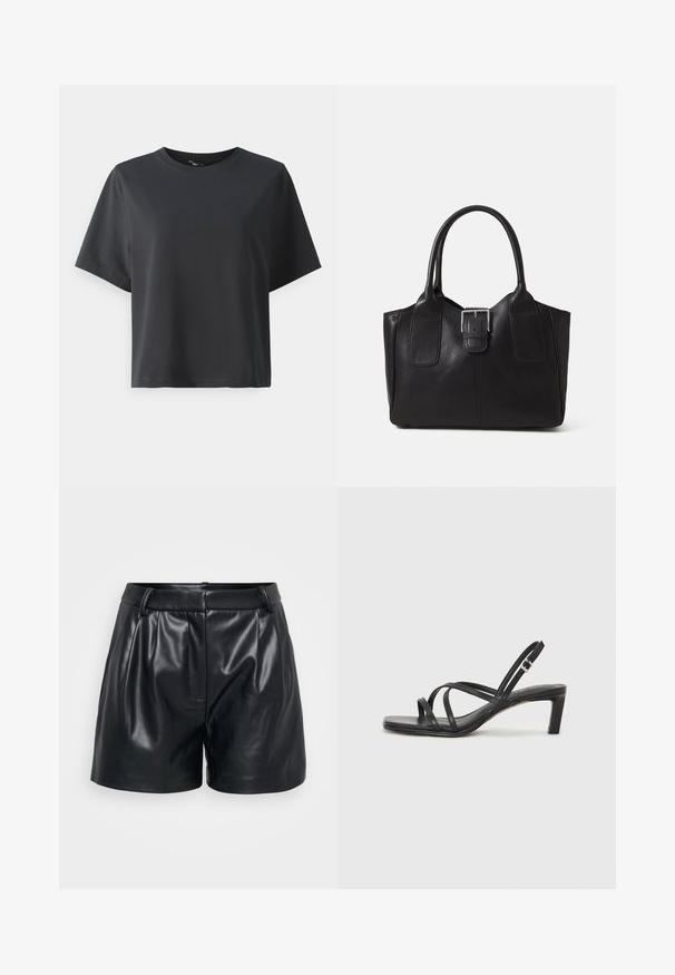 Melnas kokvilnas t-krekls, īsām piedurknēm, apaļš kakls, brīvs piegriezums, gluda tekstūra, vienkāršs dizains, bez rakstiem vai akcentiem.; Melnas ādas šorti ar gludu tekstūru, ar pielāgotu dizainu, ar krokām priekšpusē un pieguļošu jostu.; Melnas strappy sandales ar kvadrātveida purngaliem un zemu bloku papēdi. Ievērojamas ar vairākiem plāniem siksniņām un regulējamu potītes siksniņu. Izgatavotas no gludas ādas.; Melnas ādas somiņa ar gludu tekstūru, strukturētu formu, divām rokturām un izteiktu sudraba sprādzi priekšpusē.