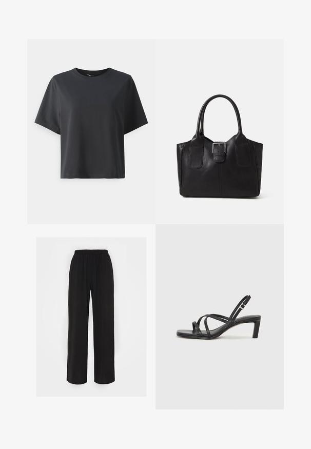 Melnas kokvilnas t-krekls, īsām piedurknēm, apaļš kakls, brīvs piegriezums, gluda tekstūra, vienkāršs dizains, bez rakstiem vai akcentiem.; Melni platās bikses ar elastīgu jostasvietu, kurām ir teksturēta auduma virsma un brīvs piegriezums. Izstrādātas ērtībai un vieglai kustībai.; Melnas strappy sandales ar kvadrātveida purngaliem un zemu bloku papēdi. Ievērojamas ar vairākiem plāniem siksniņām un regulējamu potītes siksniņu. Izgatavotas no gludas ādas.; Melnas ādas somiņa ar gludu tekstūru, strukturētu formu, divām rokturām un izteiktu sudraba sprādzi priekšpusē.