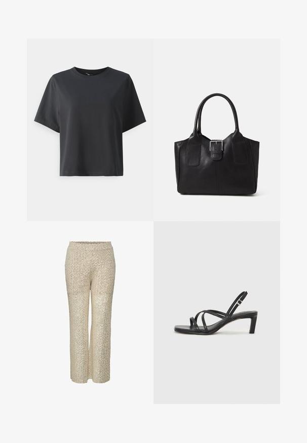 Melnas kokvilnas t-krekls, īsām piedurknēm, apaļš kakls, brīvs piegriezums, gluda tekstūra, vienkāršs dizains, bez rakstiem vai akcentiem.; Bēžu spīdīgu bikses ar zigzaga rakstu, augstu jostasvietu un plašu kājām, ar gludu tekstūru un mirdzošu virsmu.; Melnas strappy sandales ar kvadrātveida purngaliem un zemu bloku papēdi. Ievērojamas ar vairākiem plāniem siksniņām un regulējamu potītes siksniņu. Izgatavotas no gludas ādas.; Melnas ādas somiņa ar gludu tekstūru, strukturētu formu, divām rokturām un izteiktu sudraba sprādzi priekšpusē.