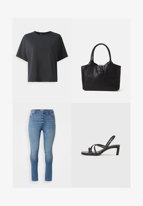 Črna bombažna majica, kratki rokavi, krojeni ovratnik, sproščenega kroja, gladka tekstura, preprost dizajn, brez vzorcev ali dodatkov.; ONLY Carmakoma CARHUSH MID BUTTON BOX - Oprijete (skinny) kavbojke - light blue; Črne natikače s trakovi in kvadratnim prstom ter nizkim blokastim peto. Imajo več tankih trakov in nastavljiv trak okoli gležnja. Narejene so iz gladkega usnja.; Črna usnjena torba s gladko teksturo, strukturirano obliko, dvema ročkama in izrazitim srebrnim sponko na sprednji strani.