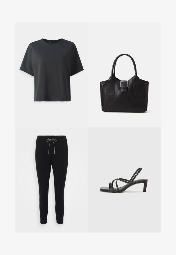 T-shirt di cotone nero, maniche corte, collo a giro, vestibilità comoda, texture liscia, design semplice, senza motivi o dettagli.; Pantaloni neri a gamba affusolata con vita regolabile, dotati di due tasche frontali e una texture di tessuto liscia e elasticizzata.; Sandalo nero con cinturini, dalla punta squadrata e tacco basso a blocco. Presenta diversi cinturini sottili e una cinturini regolabile alla caviglia. Realizzato in pelle liscia.; Borsa tote in pelle nera con texture liscia, forma strutturata, due manici e un evidente dettaglio in fibbia argentata sul davanti.