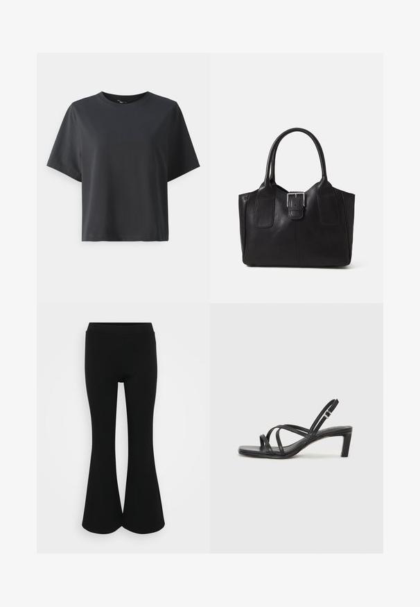 Crna pamučna majica, kratki rukavi, okrugli izrez, opušteni kroj, glatka tekstura, jednostavan dizajn, bez uzoraka ili naglasaka.; Crne široke hlače sa glatkom teksturom i elastičnim pojasom, pripijene na gornjem dijelu i širokim otvorima na rubu.; Crne sandale s trakama, kvadratnim prstom i niskom blok petom. Ima više tankih trakica i podesivu trakicu oko gležnja. Izrađene su od glatke kože.; Crna kožna torba za nošenje s glatkom teksturom, strukturiranim oblikom, dvije ručke i istaknutim srebrnim kopčanjem na prednjoj strani.