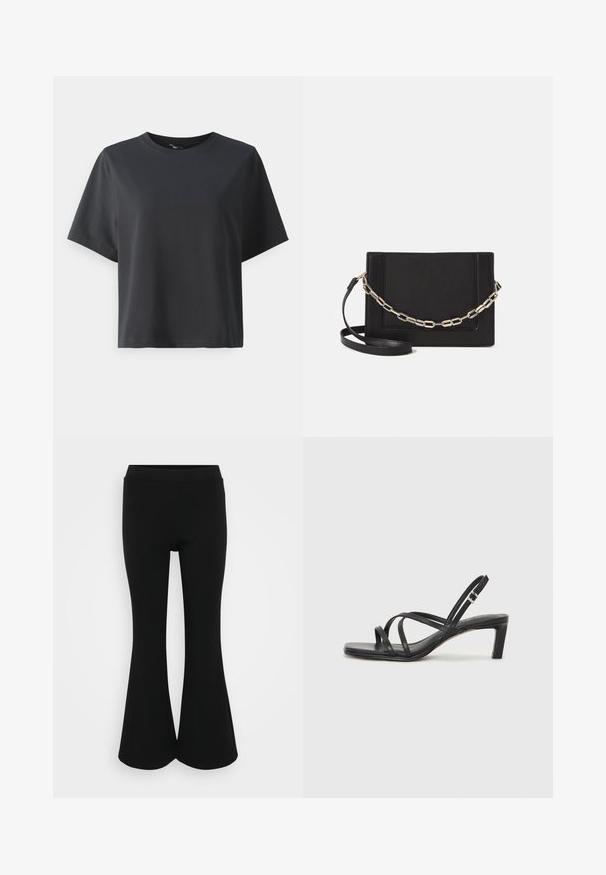 Fekete pamut póló, rövid ujjú, kerek nyakkivágású, laza szabású, sima textúrájú, egyszerű design, minta vagy kiegészítők nélkül.; Fekete bővülő nadrág sima textúrával és rugalmas derékkal, amely a felső részén szűk és az alján széles nyílásokkal rendelkezik.; Fekete pántos szandál négyzetes orral és alacsony blokk sarkal. Több vékony pánttal és állítható boka pánttal rendelkezik. Sima bőrből készült.; Fekete bőr keresztpántos táska, sima textúrával, téglalap alakú és fém lánc részlettel az elején. Állítható pánttal ellátva.