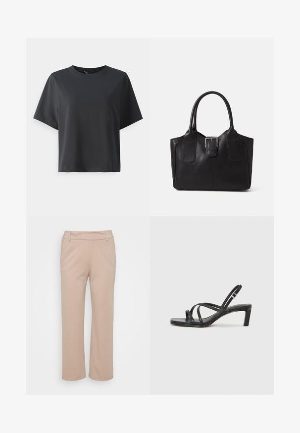 Black cotton t-shirt, short sleeves, crew neck, relaxed fit, smooth texture, simple design, no patterns or accents.; Beige, wide-leg pants made from soft fabric; features a smooth waistband and side pockets, with a clean, tailored silhouette.; Black strappy sandal with a square toe and a low block heel. Features multiple thin straps and an adjustable ankle strap. Made of smooth leather.; Black leather tote bag with smooth texture, structured shape, two handles, and a prominent silver buckle detail on the front.