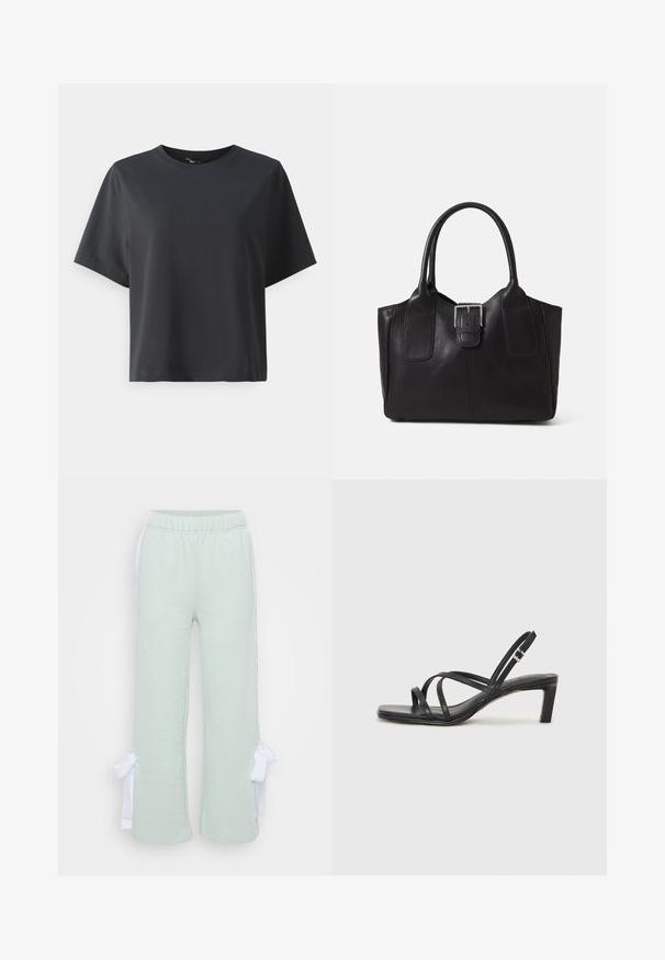 Černé bavlněné tričko, krátké rukávy, kulatý výstřih, volný střih, hladká textura, jednoduchý design, bez vzorů nebo akcentů.; Even&Odd Petite Teplákové kalhoty - light green; Černé sandály na tenkém podpatku se čtveratou špičkou a nízkým blokovým podpatkem. Mají několik tenkých popruhů a nastavitelné zapínání okolo kotníku. Vyrobeny z hladké kůže.; Černá kožená tote taška s hladkým povrchem, strukturovaným tvarem, dvěma uchy a výrazným stříbrným detailem s přezkou na přední straně.