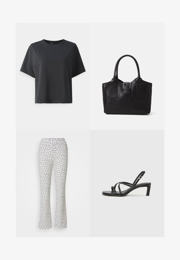 T-shirt en coton noir, à manches courtes, col ras du cou, coupe décontractée, texture lisse, design simple, sans motifs ni accents.; Pantalon blanc à pois noirs, avec un design évasé et une taille élastique. Fabriqué en tissu léger et texturé.; Sandale noire à lanières avec un bout carré et un petit talon bloc. Elle présente plusieurs fines lanières et une sangle de cheville ajustable. Fabriquée en cuir lisse.; Sac fourre-tout en cuir noir avec une texture lisse, une forme structurée, deux poignées et un détail en boucle argentée proéminent à l'avant.