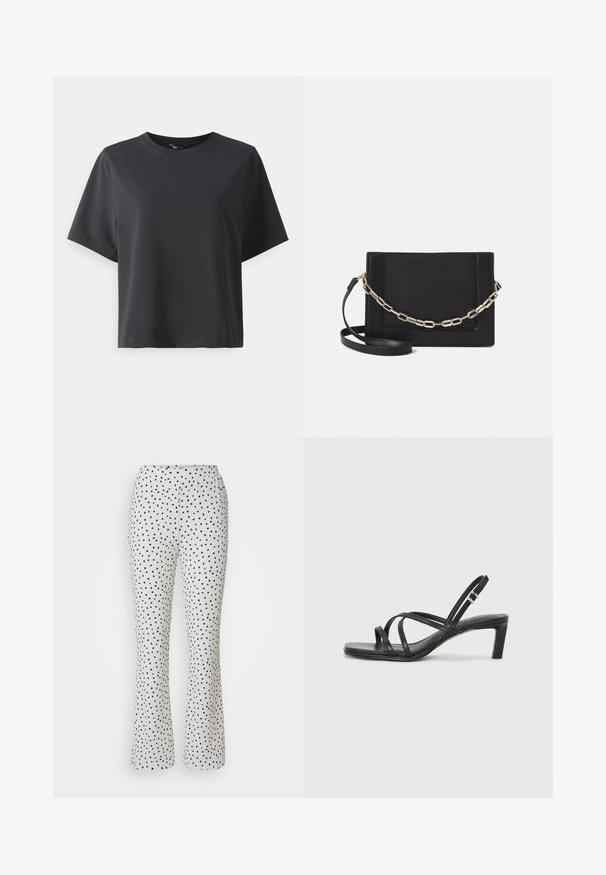 Schwarzes Baumwoll-T-Shirt, kurze Ärmel, Rundhalsausschnitt, lässige Passform, glatte Textur, einfaches Design, keine Muster oder Akzente.; Weiße Hose mit schwarzen Tupfen, im ausgestellten Design und mit elastischem Bund. Hergestellt aus leichtem, strukturiertem Stoff.; Schwarze Sandale mit Riemchen, quadratischer Zehenform und niedrigem Blockabsatz. Verfügt über mehrere dünne Riemen und einen verstellbaren Knöchelriemen. Hergestellt aus glattem Leder.; Schwarze Leder-Crossbody-Tasche mit glatter Textur, rechteckiger Form und metallic-kettendetail auf der Vorderseite. Verstellbarer Gurt inklusive.