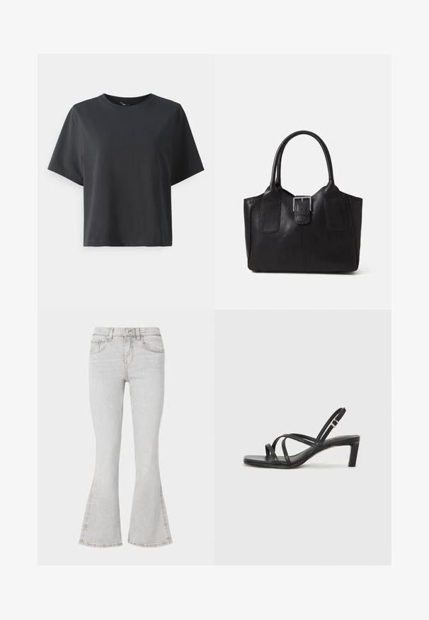 Must musträtik, lühikesed varrukad, ümar kaelus, vabalt lõigatud, sile tekstuur, lihtne disain, ilma mustrite või aksessuaarideta.; Heledad hallide flared teksapüksid klassikalise viie taskuga disainiga, kitsas sobivus reieosas ja laienevad sääreotsad.; Mustast rihmajalatsid ruudukujulise varba ja madala ploki kontsaga. Omab mitmeid õhukesi rihmasid ja reguleeritavat pahkluu rihma. Valmistatud siledast nahast.; Mustgamma nahast kott, millel on sile tekstuur, struktureeritud kuju, kaks käepidet ja esiküljel silmapaistev hõbedane pandla detail.