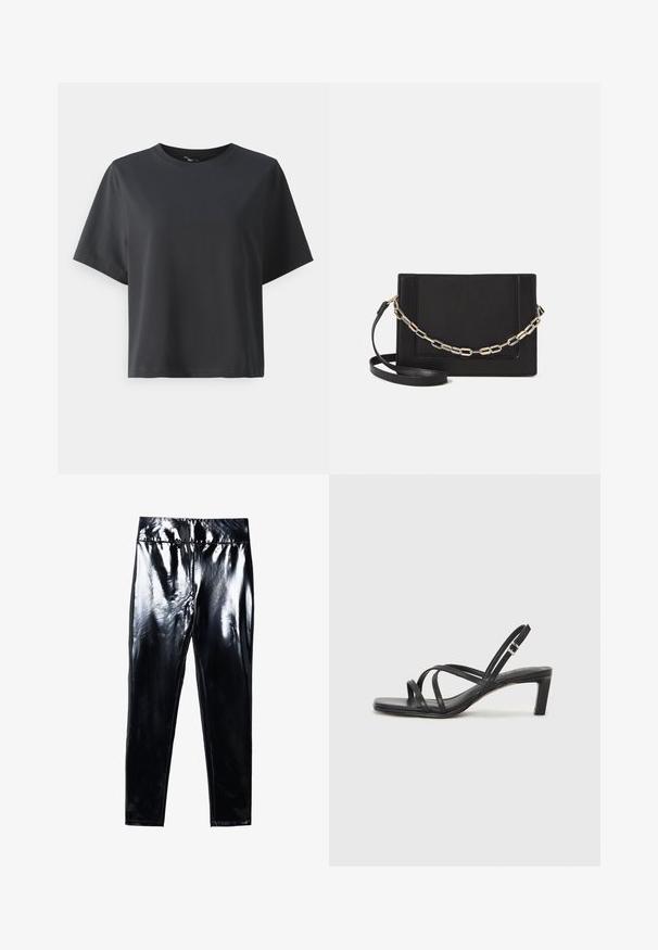 T-shirt en coton noir, à manches courtes, col ras du cou, coupe décontractée, texture lisse, design simple, sans motifs ni accents.; Leggings noirs à finition brillante présentant une surface lisse et glossy. Taille élastique et design ajusté avec une forme de jambe effilée.; Sandale noire à lanières avec un bout carré et un petit talon bloc. Elle présente plusieurs fines lanières et une sangle de cheville ajustable. Fabriquée en cuir lisse.; Sac bandoulière en cuir noir avec une texture lisse, de forme rectangulaire et un détail en chaîne métallique à l'avant. Sangle réglable incluse.