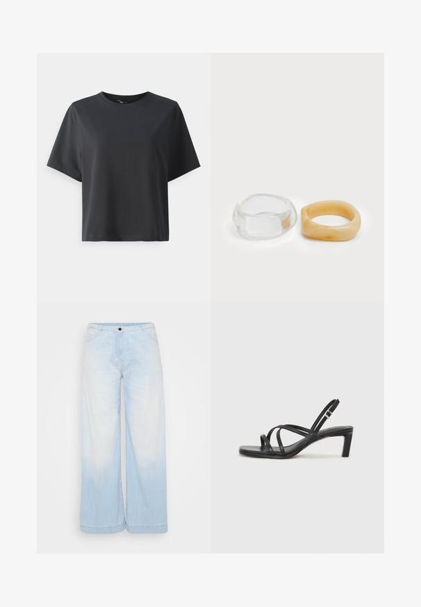 Črna bombažna majica, kratki rokavi, krojeni ovratnik, sproščenega kroja, gladka tekstura, preprost dizajn, brez vzorcev ali dodatkov.; Svijetloplave traper široke hlače s gradijentnim pranjem, sa kopčanjem na dugme, prednjim džepovima i kontrastnim šavom duž rubova.; Črne natikače s trakovi in kvadratnim prstom ter nizkim blokastim peto. Imajo več tankih trakov in nastavljiv trak okoli gležnja. Narejene so iz gladkega usnja.; Jasni in jantarni smolnati prstani, en je gladek in prozoren, drugi pa s teksturiranim jantarjem. Obe imata zaobljene, debele oblike.