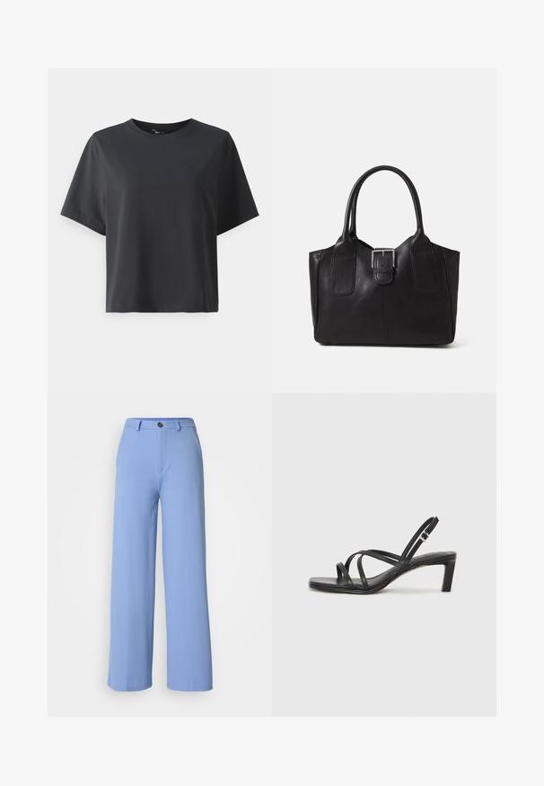 T-shirt de algodão preto, mangas curtas, gola redonda, corte descontraído, textura suave, design simples, sem padrões ou detalhes.; Calças largas de tom azul claro feitas de um tecido suave. Apresentam um fecho de botão frontal e passantes para cinto, com um design estruturado e linhas limpas.; Sandal de tiras pretas com biqueira quadrada e um pequeno salto bloco. Apresenta várias tiras finas e uma tira no tornozelo ajustável. Feito de couro liso.;  Bolsa tote de couro preta com textura suave, forma estruturada, duas alças e um destaque prateado proeminente na parte da frente.