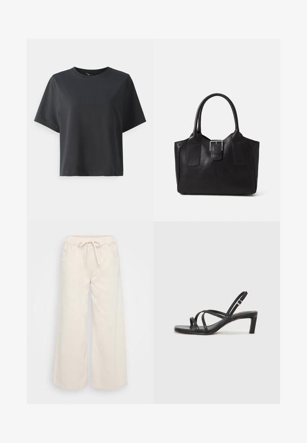 Juodas medvilnės marškinėliai, trumpomis rankovėmis, apvaliu kaklu, laisvas kirpimas, lygus paviršius, paprastas dizainas, be raštų ar akcentų.; Plati kojos, grietinėlės spalvos medvilninės kelnės su elastine juosmens juosta, virvele ir šoninėmis kišenėmis. Lygus paviršius, kasdienis dizainas.; Juodi šlepetės su kvadratiniu pirštu ir žemu bloku kulnu. Yra keli ploni dirželiai ir reguliuojamas kulkšnies diržas. Pagaminti iš lygios odos.; Juodas odinis nešiojamas krepšys su lygiu paviršiumi, struktūrine forma, dviem rankenėlėmis ir ryškiu sidabriniu sagties akcentu priekyje.