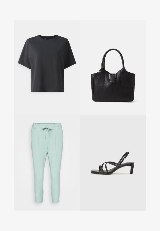 Fekete pamut póló, rövid ujjú, kerek nyakkivágású, laza szabású, sima textúrájú, egyszerű design, minta vagy kiegészítők nélkül.; Világos menta zöld nadrág, rugalmas derékrésszel, húzózsinórral és két elülső zsebbel. Simító anyag, szűkített lábvég designnal.; Fekete pántos szandál négyzetes orral és alacsony blokk sarkal. Több vékony pánttal és állítható boka pánttal rendelkezik. Sima bőrből készült.; Fekete bőr bevásárlótáska sima textúrával, strukturált formával, két fogantyúval és egy figyelemfelkeltő ezüst csattal az elején.