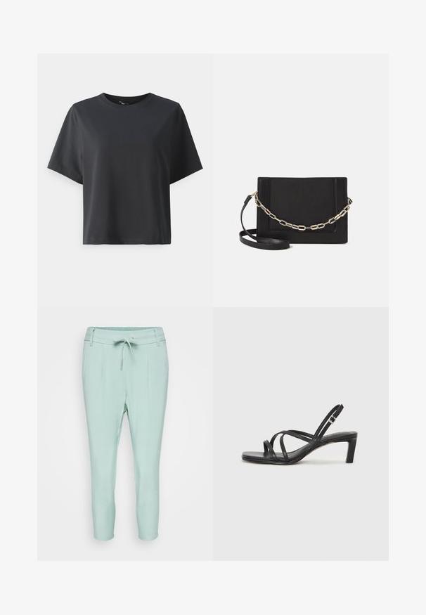 Black cotton t-shirt, short sleeves, crew neck, relaxed fit, smooth texture, simple design, no patterns or accents.; Light mint green pants with elastic waistband, drawstring closure, and two front pockets. Smooth fabric with a tapered leg design.; Black strappy sandal with a square toe and a low block heel. Features multiple thin straps and an adjustable ankle strap. Made of smooth leather.; Black leather crossbody bag featuring a smooth texture, rectangular shape, and a metallic chain detail on the front. Adjustable strap included.