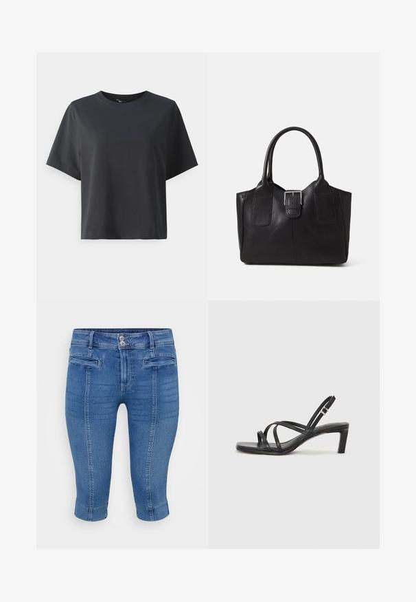 Juodas medvilnės marškinėliai, trumpomis rankovėmis, apvaliu kaklu, laisvas kirpimas, lygus paviršius, paprastas dizainas, be raštų ar akcentų.; Mėlyni džinsiniai capri kelnės su prisitaikančiu dizainu, dviem priekinėmis kišenėmis ir apvadu. Audinys yra lygus su šiek tiek nusitrintomis vietomis.; Juodi šlepetės su kvadratiniu pirštu ir žemu bloku kulnu. Yra keli ploni dirželiai ir reguliuojamas kulkšnies diržas. Pagaminti iš lygios odos.; Juodas odinis nešiojamas krepšys su lygiu paviršiumi, struktūrine forma, dviem rankenėlėmis ir ryškiu sidabriniu sagties akcentu priekyje.