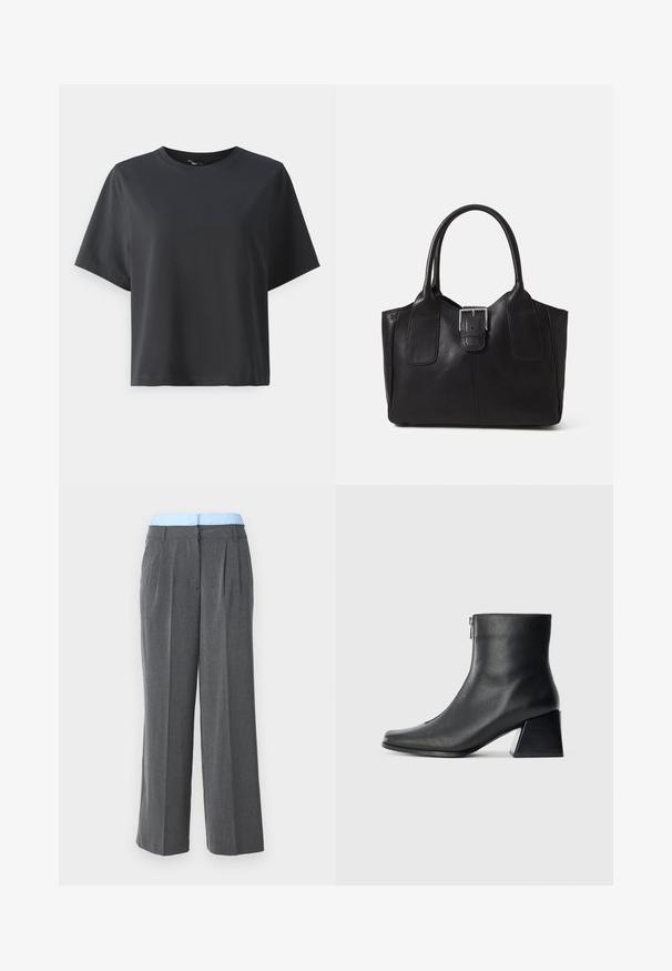 Mustat puuvillapaita, lyhyet hihat, pyöreä kaula-aukko, rento istuvuus, sileä pinta, yksinkertainen muotoilu, ilman kuvioita tai koristeita.; Even&Odd Petite BOXER LONG - Housut - mottled grey; Mustat nahka nilkkurit, joissa on nelikulmainen kärki, sivuvetoketju ja lohkarekorko, taustalla vaalea yksinkertainen tausta.; Musta nahkainen olkalaukku, jossa on sileä pinta, ryhdikäs muoto, kaksi kahvaa ja silmienpistävä hopeinen solkiyksityiskohta edessä.
