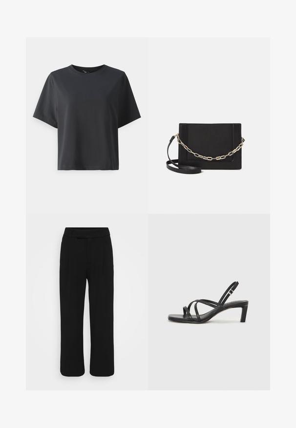 Svart bomull T-skjorte, korte ermer, rund hals, avslappet passform, jevn tekstur, enkel design, ingen mønstre eller aksenter.; Sorte bukser med vide ben laget av et glatt stoff, med flat front, beltehemper og uten synlige lommer. Rent, skreddersydd design.; Sorte sandaler med stropper, firkantet tå og lav blokk hæl. Har flere tynne stropper og en justerbar ankelstropp. Laget av glatt lær.; Svart lær crossbody-veske med glatt tekstur, rektangulær form og metallkjede detaljer på framsiden. Justerbar stroppe inkludert.