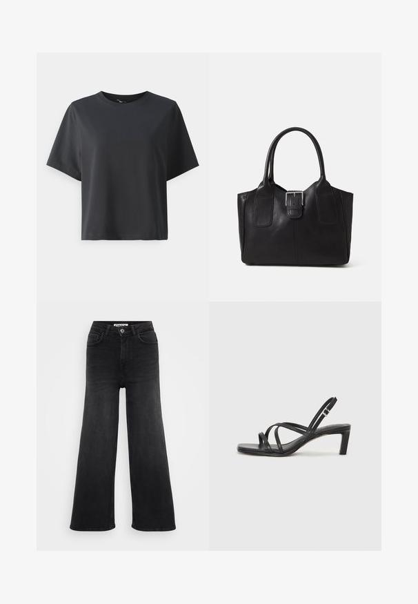 Μαύρη βαμβακερή μπλούζα, κοντά μανίκια, στρογγυλή λαιμόκοψη, χαλαρή εφαρμογή, λεία υφή, απλός σχεδιασμός, χωρίς μοτίβα ή διακοσμητικά.; Μαύρες τζιν παντελόνες σε φαρδιά γραμμή με ψηλή μέση, πέντε τσέπες και κούμπωμα με κουμπί. Λείο ύφασμα και καθαρές γραμμές.; Μαύρη σανδάλι με λουράκια και τετράγωνη μύτη, καθώς και χαμηλό μπλοκ τακούνι. Διαθέτει πολλαπλά λεπτά λουράκια και ρυθμιζόμενο λουράκι στον αστράγαλο. Κατασκευασμένο από λείο δέρμα.; Μαύρη δερμάτινη τσάντα tote με λείο υφή, δομημένο σχήμα, δύο λαβές και επιφανές ασημένιο κούμπωμα μπροστά.