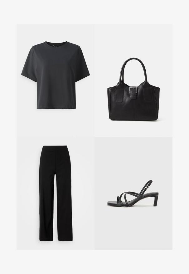 Fekete pamut póló, rövid ujjú, kerek nyakkivágású, laza szabású, sima textúrájú, egyszerű design, minta vagy kiegészítők nélkül.; Fekete, bő szárú nadrág, elasztikus derékkal. Simító anyagból készült, letisztult, minimalista dizájnnal, látható zsebek nélkül.; Fekete pántos szandál négyzetes orral és alacsony blokk sarkal. Több vékony pánttal és állítható boka pánttal rendelkezik. Sima bőrből készült.; Fekete bőr bevásárlótáska sima textúrával, strukturált formával, két fogantyúval és egy figyelemfelkeltő ezüst csattal az elején.