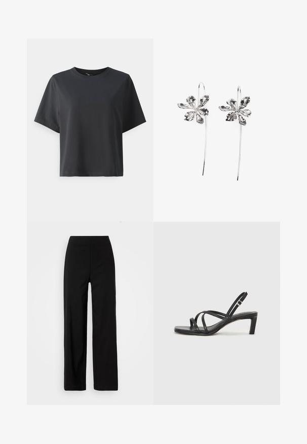 Fekete pamut póló, rövid ujjú, kerek nyakkivágású, laza szabású, sima textúrájú, egyszerű design, minta vagy kiegészítők nélkül.; Fekete, bő szárú nadrág, elasztikus derékkal. Simító anyagból készült, letisztult, minimalista dizájnnal, látható zsebek nélkül.; Fekete pántos szandál négyzetes orral és alacsony blokk sarkal. Több vékony pánttal és állítható boka pánttal rendelkezik. Sima bőrből készült.; Ezüst virágformájú fülbevalók, texturált felülettel, hosszú akasztókkal és szirmokra hasonlító részletekkel az összetett dizájn érdekében.