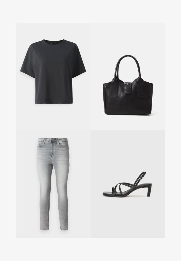Crna pamučna majica, kratki rukavi, okrugli izrez, opušteni kroj, glatka tekstura, jednostavan dizajn, bez uzoraka ili naglasaka.; Sive traperice uskog kroja s glatkom teksturom, dizajnom s pet džepova, te gumbom i zatvaračem na struku. Izgleda izblijedjelo kroz cijelu površinu.; Crne sandale s trakama, kvadratnim prstom i niskom blok petom. Ima više tankih trakica i podesivu trakicu oko gležnja. Izrađene su od glatke kože.; Crna kožna torba za nošenje s glatkom teksturom, strukturiranim oblikom, dvije ručke i istaknutim srebrnim kopčanjem na prednjoj strani.