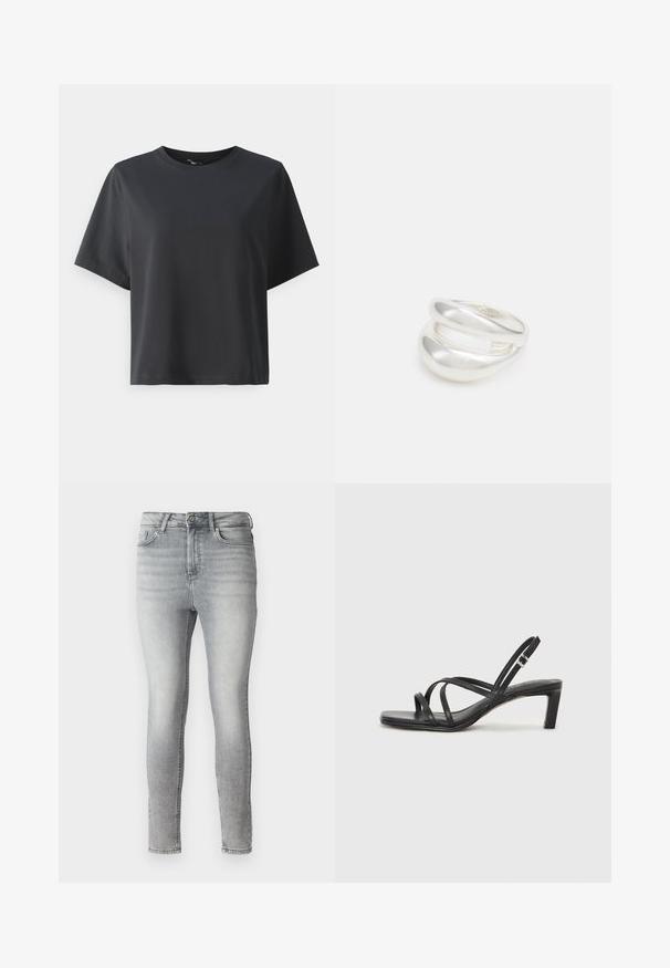 Crna pamučna majica, kratki rukavi, okrugli izrez, opušteni kroj, glatka tekstura, jednostavan dizajn, bez uzoraka ili naglasaka.; Sive traperice uskog kroja s glatkom teksturom, dizajnom s pet džepova, te gumbom i zatvaračem na struku. Izgleda izblijedjelo kroz cijelu površinu.; Crne sandale s trakama, kvadratnim prstom i niskom blok petom. Ima više tankih trakica i podesivu trakicu oko gležnja. Izrađene su od glatke kože.; Srebrna dvostruka prsten s glatkom, poliranom površinom. Karakterizira ga fluidan, zakrivljen dizajn s preklapajućim sekcijama za moderan izgled.
