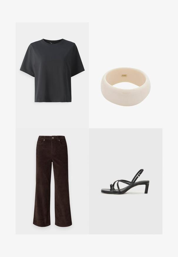 Črna bombažna majica, kratki rokavi, krojeni ovratnik, sproščenega kroja, gladka tekstura, preprost dizajn, brez vzorcev ali dodatkov.; Vero Moda Petite VMTESSA PANTS - Hlače - chocolate torte; Črne natikače s trakovi in kvadratnim prstom ter nizkim blokastim peto. Imajo več tankih trakov in nastavljiv trak okoli gležnja. Narejene so iz gladkega usnja.; Svetleči bež zapestnica iz gladkega smole. Okrogla oblika z enotno površino in majhnim zlatim logotipom na notranji strani.