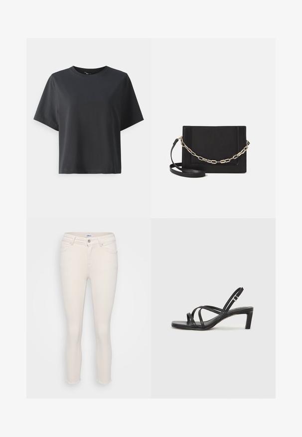 Must musträtik, lühikesed varrukad, ümar kaelus, vabalt lõigatud, sile tekstuur, lihtne disain, ilma mustrite või aksessuaarideta.; Kreemivärvi kitsad teksad, mille allääres on kulumisjäljed. Valmistatud denimist, klassikalise viiega tasku disainiga ja ees oleval nupulukuga.; Mustast rihmajalatsid ruudukujulise varba ja madala ploki kontsaga. Omab mitmeid õhukesi rihmasid ja reguleeritavat pahkluu rihma. Valmistatud siledast nahast.; Mustast nahast õlakott, mis omab siledat tekstuuri, ristküliku kuju ning esiküljel metallketi detaili. Reguleeritav rihm on kaasas.