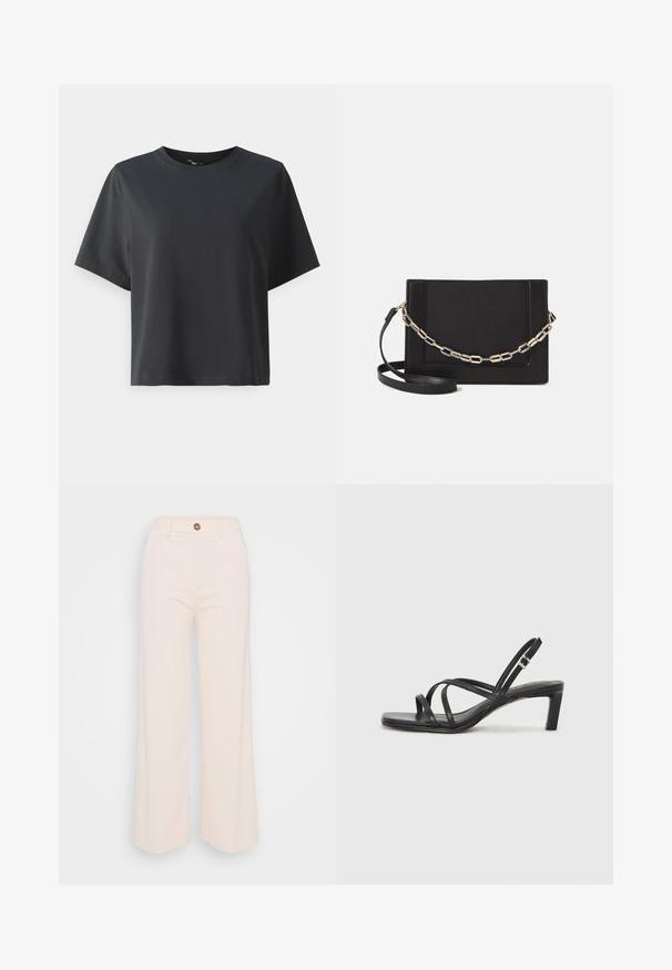 Black cotton t-shirt, short sleeves, crew neck, relaxed fit, smooth texture, simple design, no patterns or accents.; Wide-leg trousers in soft cream fabric, featuring a high waist, a single button closure, and minimal stitching details.; Black strappy sandal with a square toe and a low block heel. Features multiple thin straps and an adjustable ankle strap. Made of smooth leather.; Black leather crossbody bag featuring a smooth texture, rectangular shape, and a metallic chain detail on the front. Adjustable strap included.