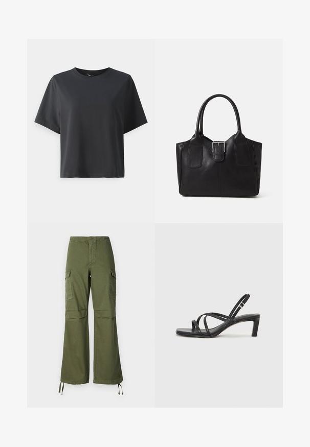Fekete pamut póló, rövid ujjú, kerek nyakkivágású, laza szabású, sima textúrájú, egyszerű design, minta vagy kiegészítők nélkül.; Olíva zöld pamut cargo nadrág, széles lábakkal, két oldalsó zsebbel és állítható kötelekkel az alján.; Fekete pántos szandál négyzetes orral és alacsony blokk sarkal. Több vékony pánttal és állítható boka pánttal rendelkezik. Sima bőrből készült.; Fekete bőr bevásárlótáska sima textúrával, strukturált formával, két fogantyúval és egy figyelemfelkeltő ezüst csattal az elején.