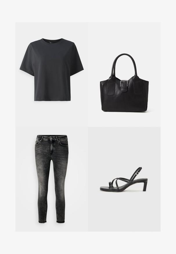 Melnas kokvilnas t-krekls, īsām piedurknēm, apaļš kakls, brīvs piegriezums, gluda tekstūra, vienkāršs dizains, bez rakstiem vai akcentiem.; Slim-fit džinsi izbalinātā melnā krāsā, ar piecām kabatām, rāvējloku un neapstrādātu malu. Izgatavoti no denima ar gludu tekstūru.; Melnas strappy sandales ar kvadrātveida purngaliem un zemu bloku papēdi. Ievērojamas ar vairākiem plāniem siksniņām un regulējamu potītes siksniņu. Izgatavotas no gludas ādas.; Melnas ādas somiņa ar gludu tekstūru, strukturētu formu, divām rokturām un izteiktu sudraba sprādzi priekšpusē.