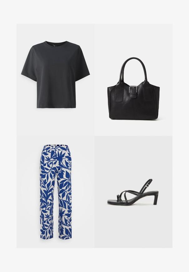 Black cotton t-shirt, short sleeves, crew neck, relaxed fit, smooth texture, simple design, no patterns or accents.; Wide-leg pants featuring a white background with bold blue floral and leaf patterns. The waistband is elasticized for comfort.; Black strappy sandal with a square toe and a low block heel. Features multiple thin straps and an adjustable ankle strap. Made of smooth leather.; Black leather tote bag with smooth texture, structured shape, two handles, and a prominent silver buckle detail on the front.