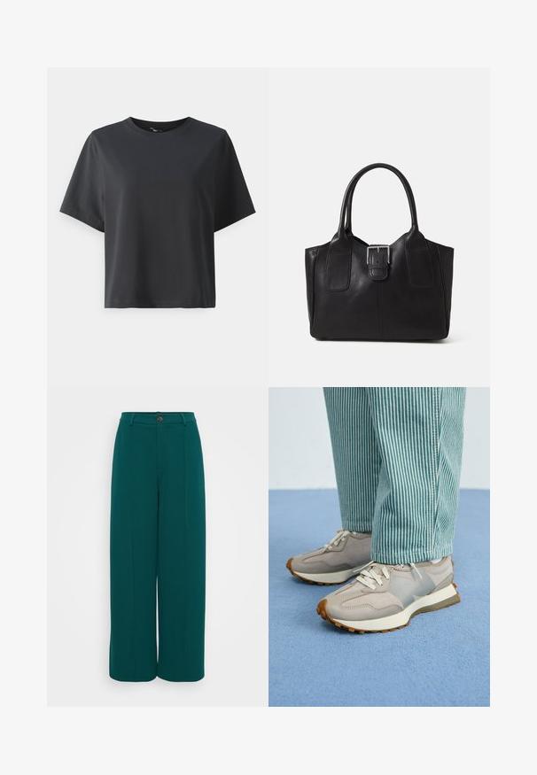 Fekete pamut póló, rövid ujjú, kerek nyakkivágású, laza szabású, sima textúrájú, egyszerű design, minta vagy kiegészítők nélkül.; Even&Odd Petite Nadrágok - dark green; Szürke sportcipők velúr és hálós panelekből, fehér fűzőkkel és texturált talppal. Teal csíkos nadrággal viselve. Kék textúrált háttér.; Fekete bőr bevásárlótáska sima textúrával, strukturált formával, két fogantyúval és egy figyelemfelkeltő ezüst csattal az elején.