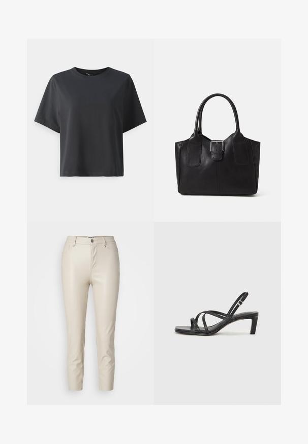 Fekete pamut póló, rövid ujjú, kerek nyakkivágású, laza szabású, sima textúrájú, egyszerű design, minta vagy kiegészítők nélkül.; Beige műbőrnadrág karcsú fazonnal, elülső zsebekkel és gombos záródással, sima textúrával és szűkített lábakkal.; Fekete pántos szandál négyzetes orral és alacsony blokk sarkal. Több vékony pánttal és állítható boka pánttal rendelkezik. Sima bőrből készült.; Fekete bőr bevásárlótáska sima textúrával, strukturált formával, két fogantyúval és egy figyelemfelkeltő ezüst csattal az elején.