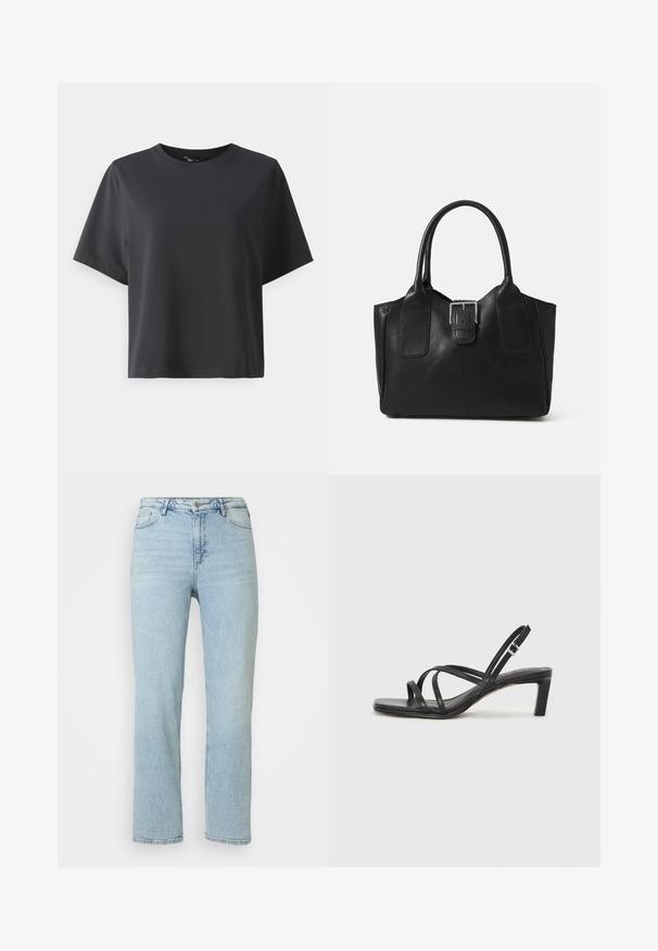 Sort bomulds t-shirt, korte ærmer, rund hals, afslappet pasform, glat tekstur, enkelt design, ingen mønstre eller accenter.; Lysblå lige ben denim jeans med frontknap og lynlås, samt bæltestropper og klassisk fem-lomme design.; Sort remsandale med firkantet tå og en lav blokeret hæl. Har flere tynde stropper og en justerbar ankelrem. Fremstillet af glat læder.; Sort læder tote taske med glat tekstur, struktureret form, to håndtag og en fremtrædende sølvspænde detalje på forsiden.; Sølvring med dobbeltbånd og en glat, poleret overflade. Den har et flydende, buet design med overlappende sektioner for et moderne udtryk.