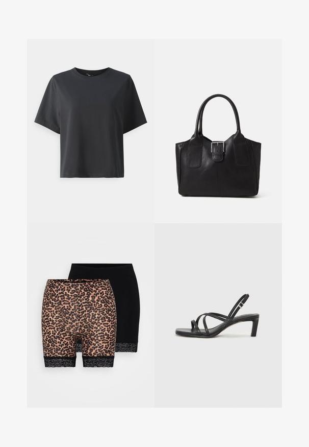 Črna bombažna majica, kratki rokavi, krojeni ovratnik, sproščenega kroja, gladka tekstura, preprost dizajn, brez vzorcev ali dodatkov.; Dva para kratkih hlač: ena z leopardjim potiskom in mehkimi teksturami ter črnimi čipkastimi robovi, druga enostavna črna s podobnim čipkastim robom.; Črne natikače s trakovi in kvadratnim prstom ter nizkim blokastim peto. Imajo več tankih trakov in nastavljiv trak okoli gležnja. Narejene so iz gladkega usnja.; Črna usnjena torba s gladko teksturo, strukturirano obliko, dvema ročkama in izrazitim srebrnim sponko na sprednji strani.